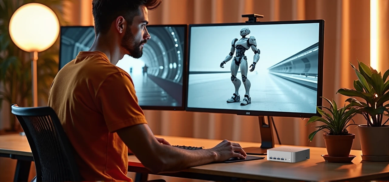 A man is using a GEEKOM A9 Max AI Mini PC for 3D rendering.