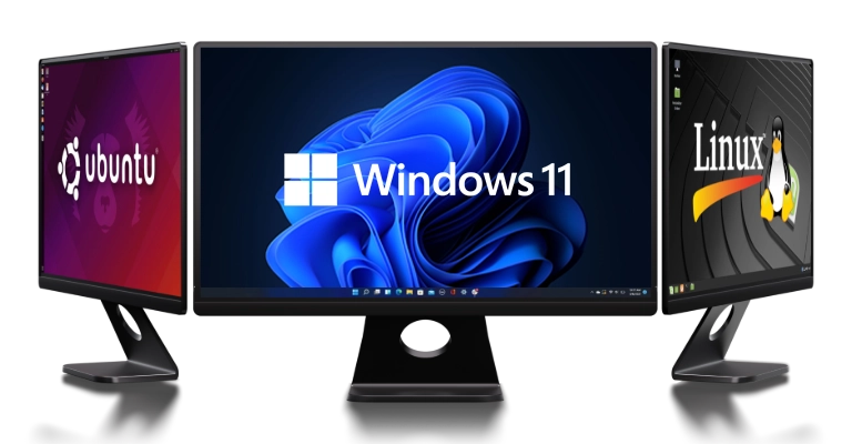 Three monitors displaying different operating systems