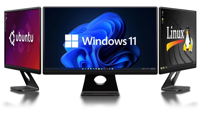 Three monitors displaying operating systems
