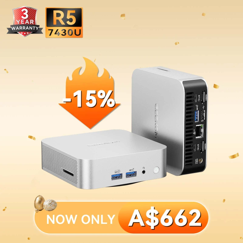 GEEKOM Mini PC A5 édition 2025  3 Ans De Support De Qualité  Avec AMD Ryzen5 7430u 8c16t 16 Go Ddr4 Et 512 Go M2 2280 Nvme Gen34 Ssd Windows 11 Pro Support Dordinateur De Bureau 8k Uhdwi Fi 6