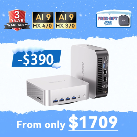 Promotional advertisement for Geekom Mini PC a9max from 1709ws