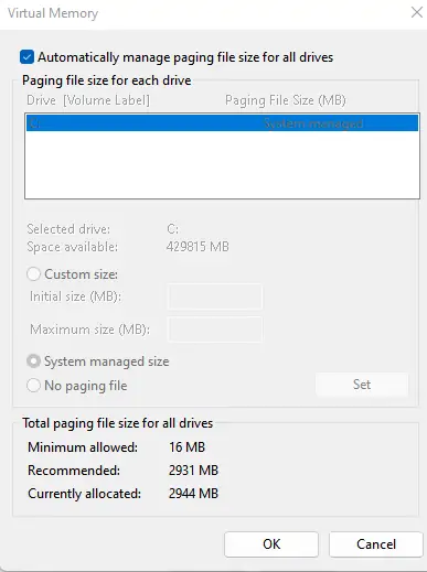 Automatically manage paging file size for all drives