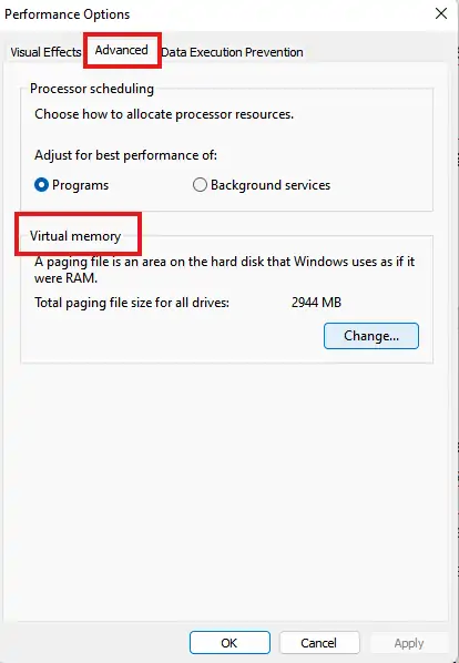 In the Advanced tab, click on Virtual Memory → then Change.