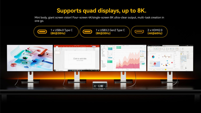 Most GEEKOM mini PCs can support up to four displays simultaneously, except the Air series, which supports three displays.