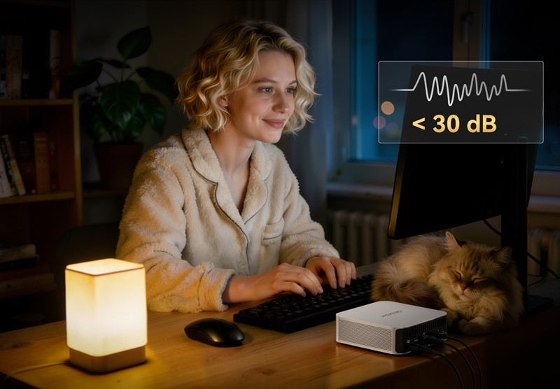 Even under load, noise levels remain very low—making GEEKOM mini PCs perfectly suited to quiet environments such as home offices, libraries or bedrooms.