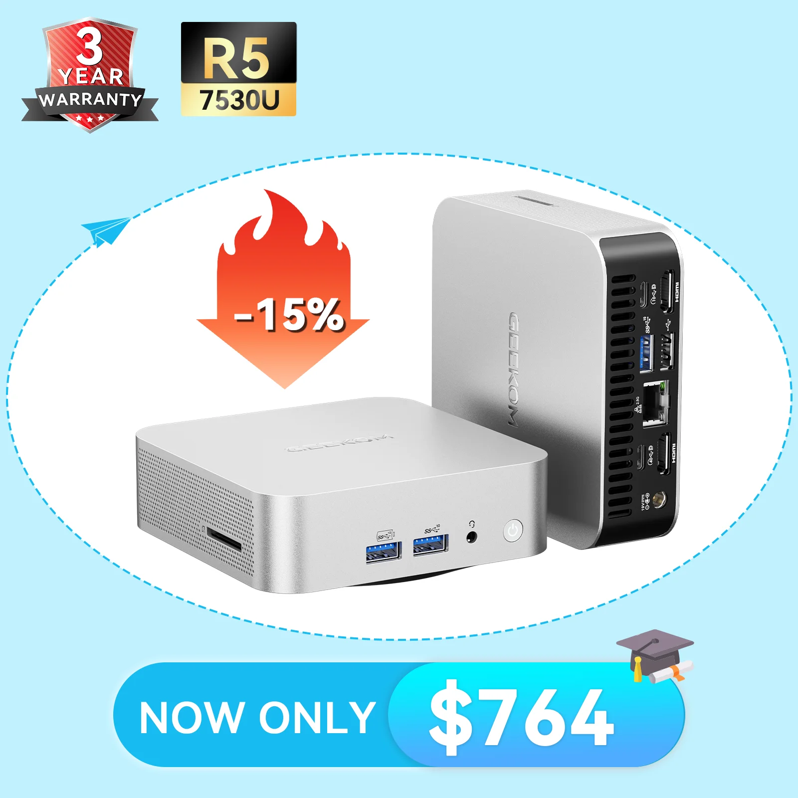 GEEKOM A5 Pro 2026エディション ミニPC GEEKOM A5 Pro 2026 Mini PC | Ryzen 5 7530U, 16GB, 1TB SSD
