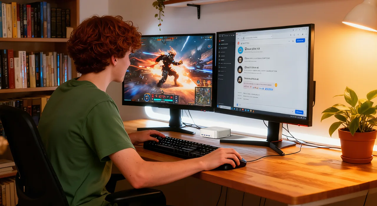 Ein Mann spielt ein Videospiel auf dem GEEKOM A7 Max Mini PC.