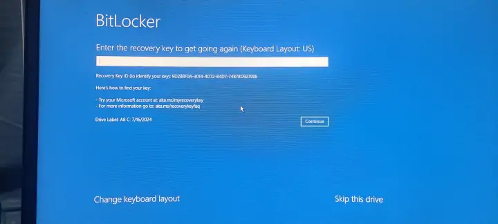 Enter the recoverey key to activating BitLocker
